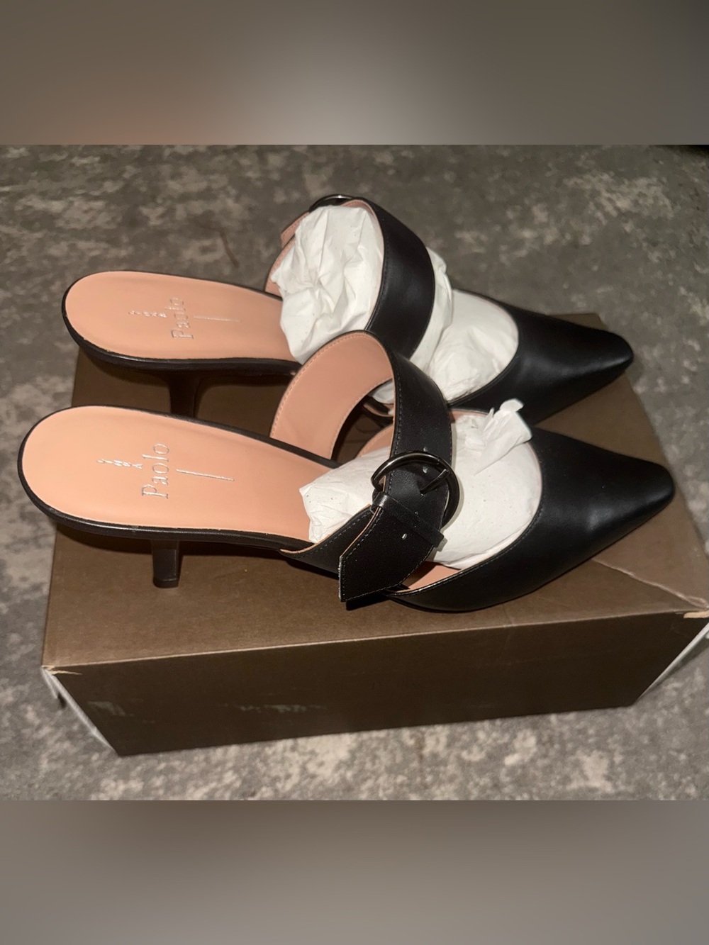 Linea Paolo Black Napa heels Black Pointed-Toe Kitten Heel Mules with Buckle- 12